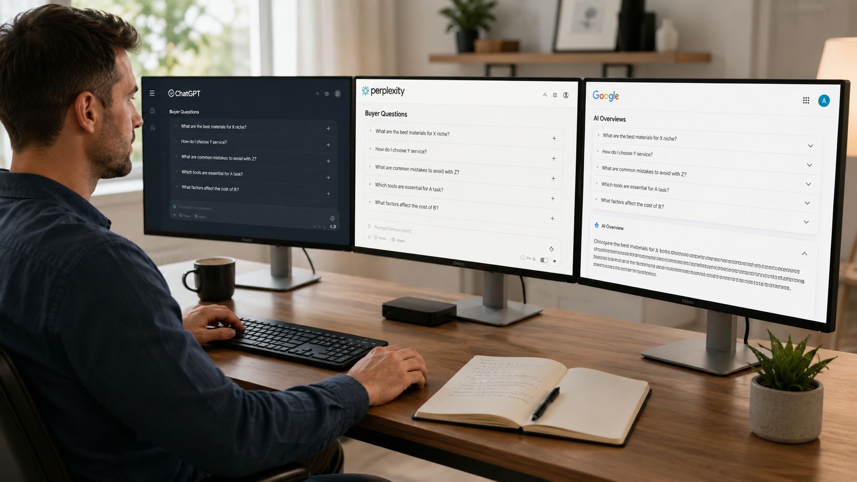 A probe log recording prompt version, engine, answer text, cited domains, and reviewer notes for each buyer-question run.