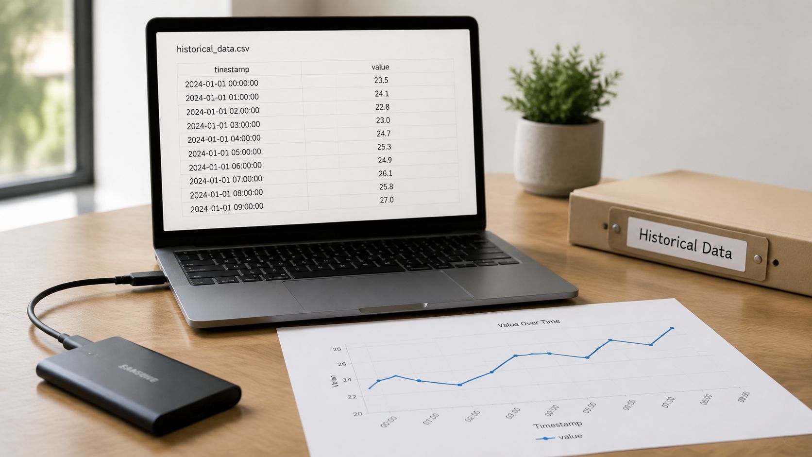 A laptop on a wooden desk displaying historical data in a table and a corresponding line graph.