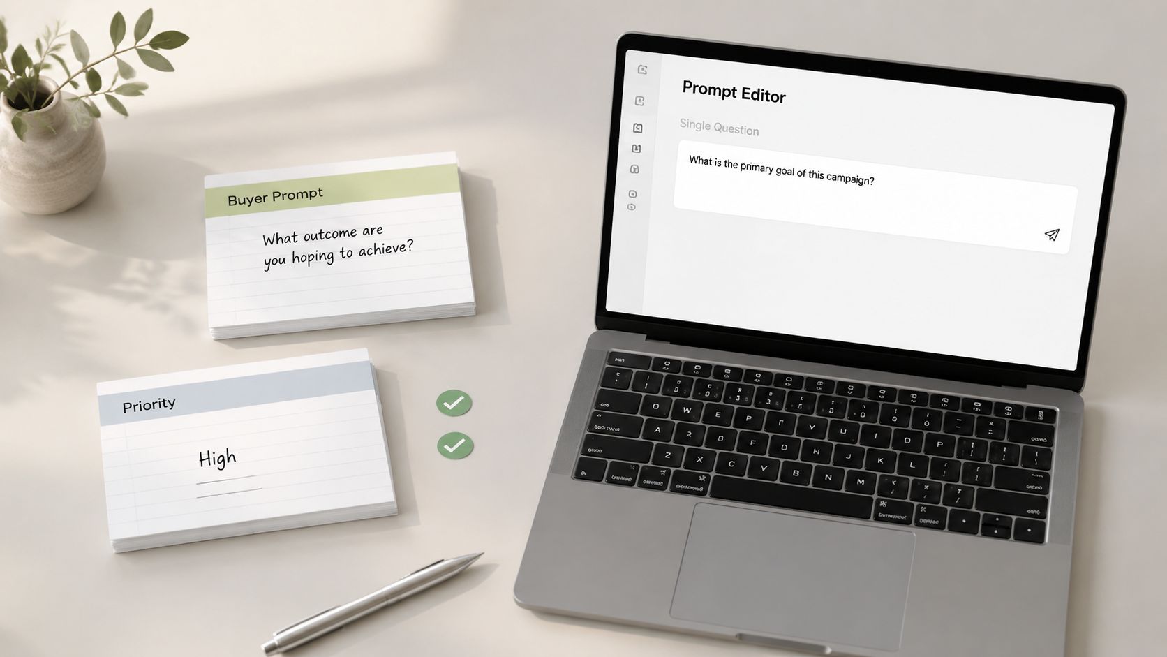 An AI visibility tool migration checklist with a laptop and cards labeled Buyer Prompt and Priority.