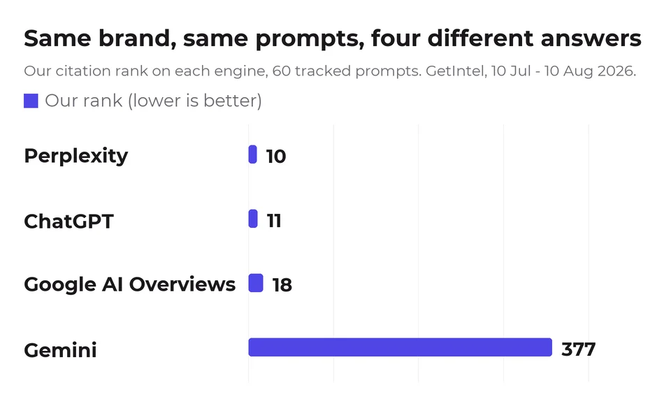 Bar chart of our citation rank per engine: 10th on Perplexity, 11th on ChatGPT, 18th on Google AI Overviews and 377th on Gemini.