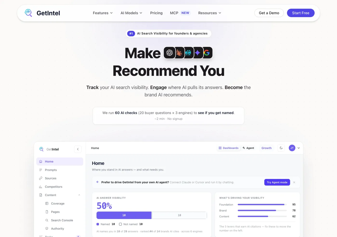 GetIntel homepage showing the AI visibility score and free citation check