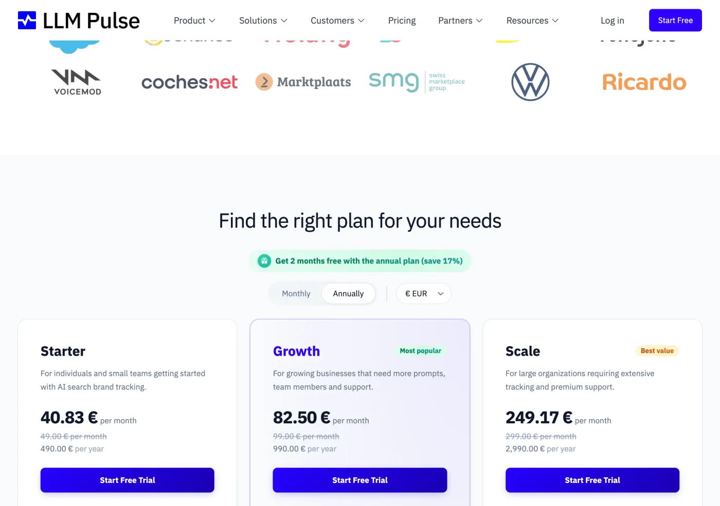 LLM Pulse product page listing tracked AI models and features