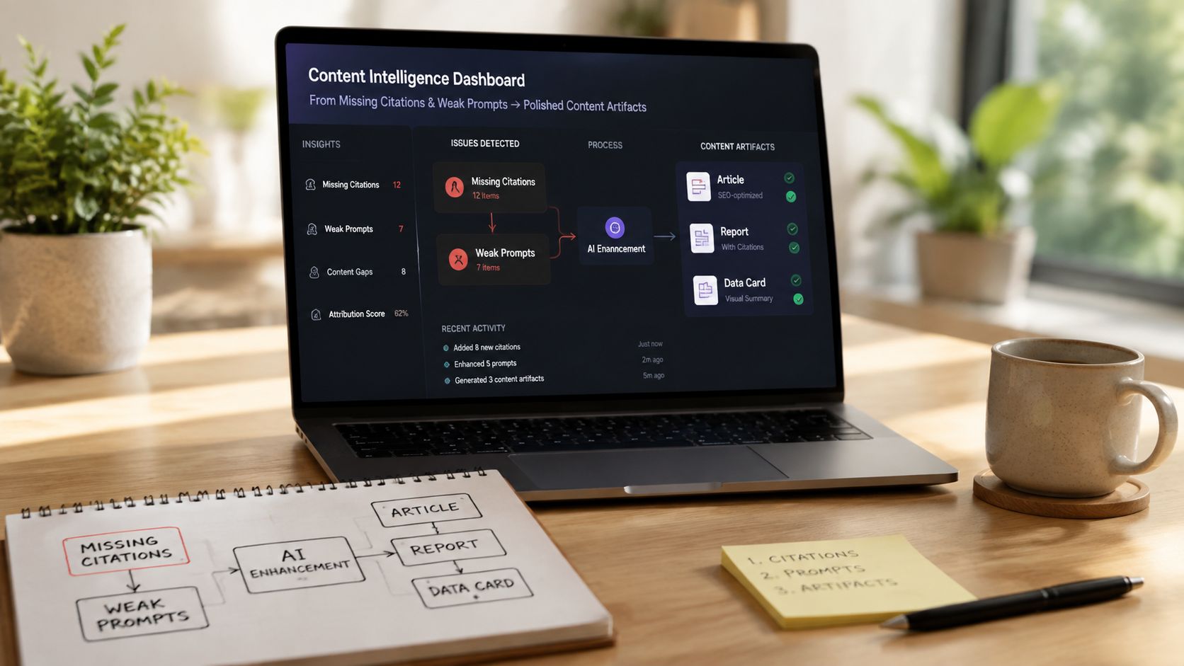 A laptop on a desk showing a Content Intelligence Dashboard with workflow diagrams and a notebook.