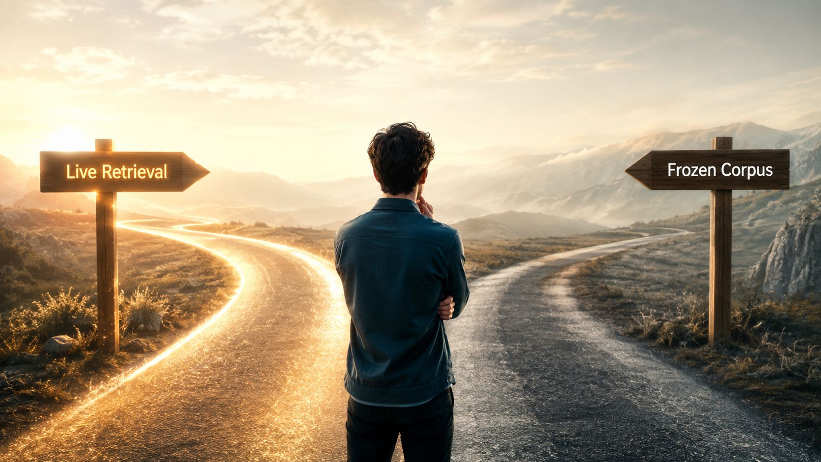 A person standing at a crossroads choosing between live retrieval and frozen corpus paths in nature.