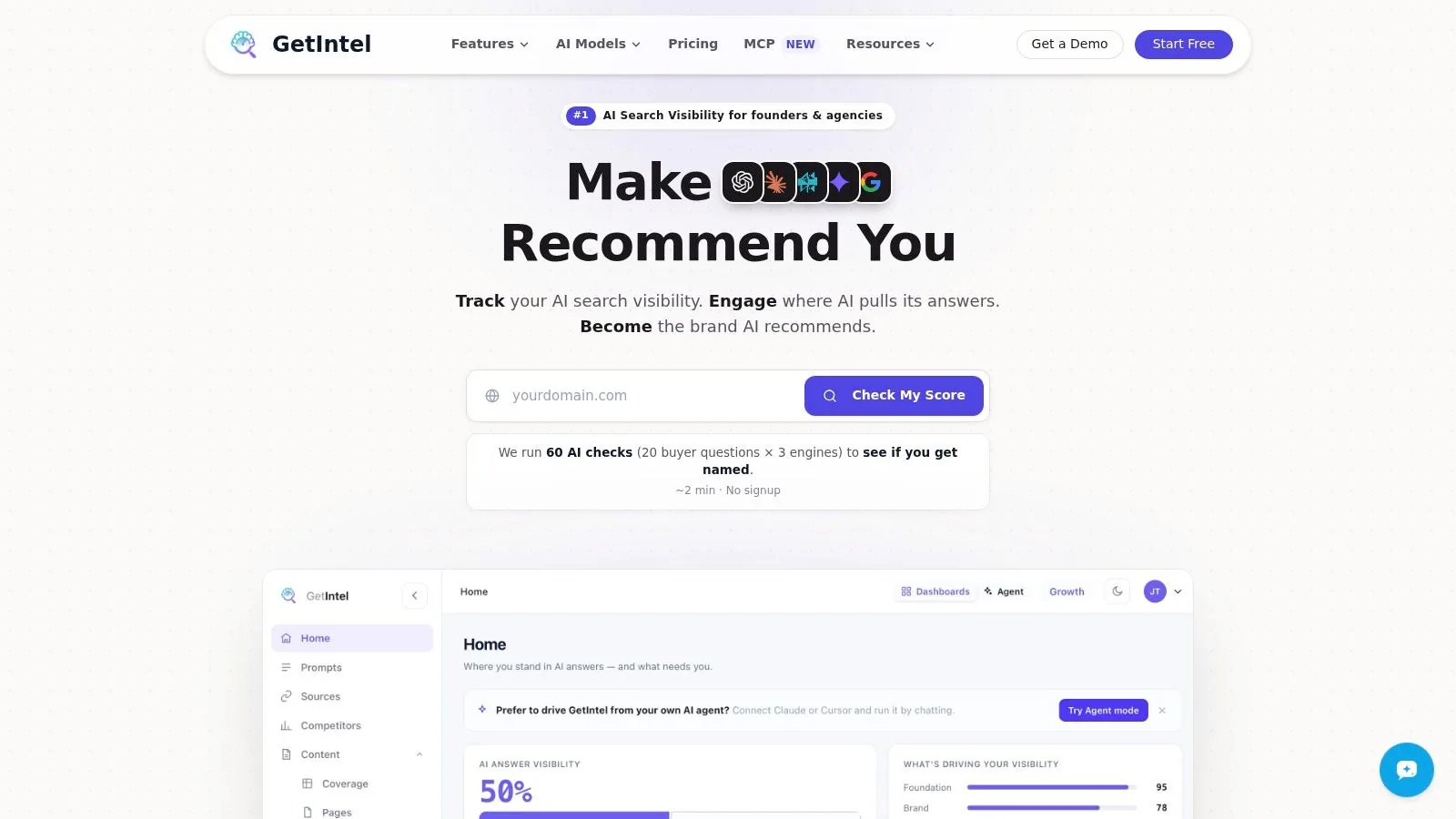 Ahrefs prices AI visibility as a per-index add-on to an SEO suite; GetIntel includes its engines in the base price.