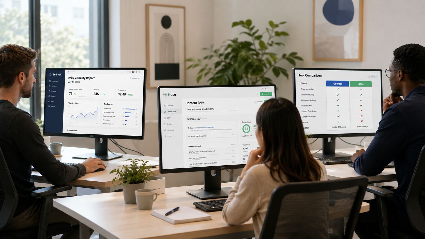 Three professionals working in a modern office, each viewing data on their individual computer monitors.