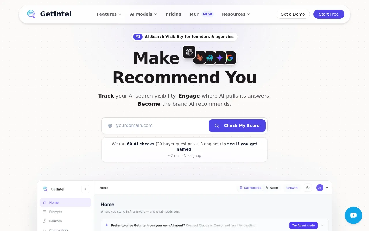GetIntel AI visibility tool homepage