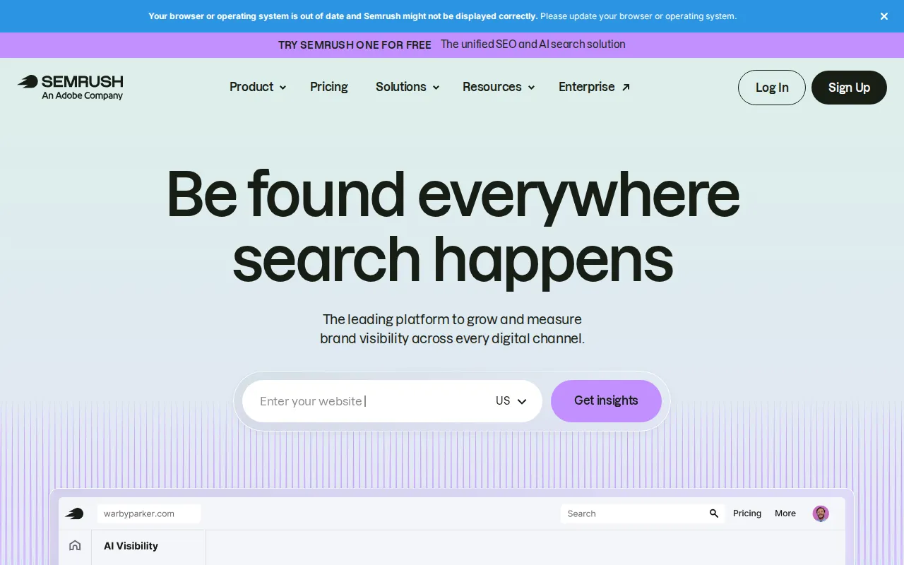 Semrush digital marketing platform homepage