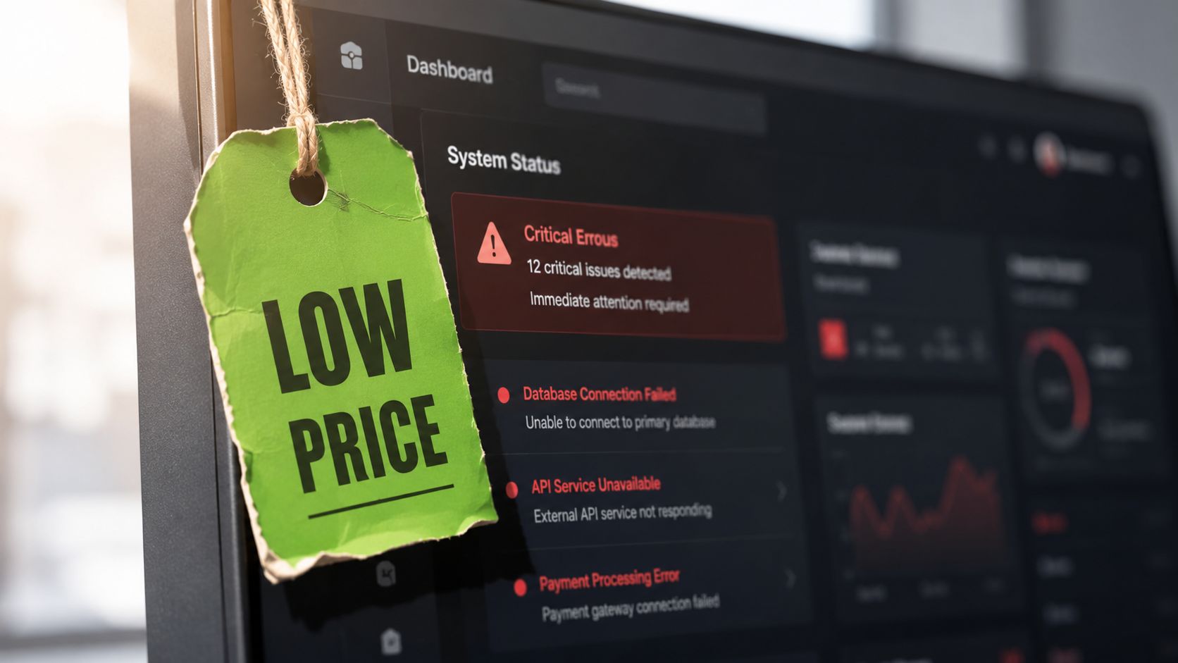 A computer screen showing a system error dashboard with a green tag reading Low Price attached to it.
