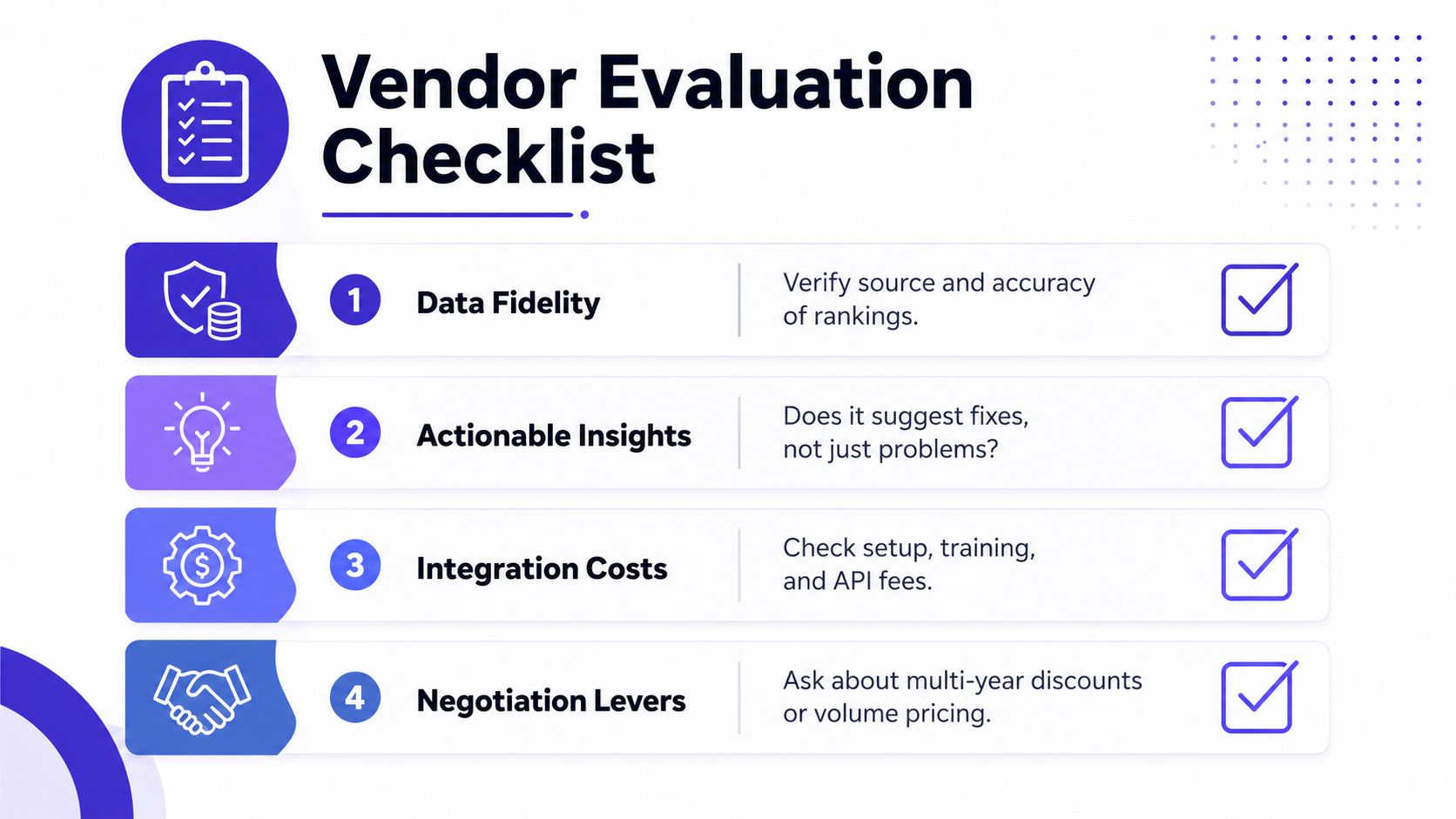 A vendor evaluation checklist infographic displaying four key criteria for assessing service providers in business operations.