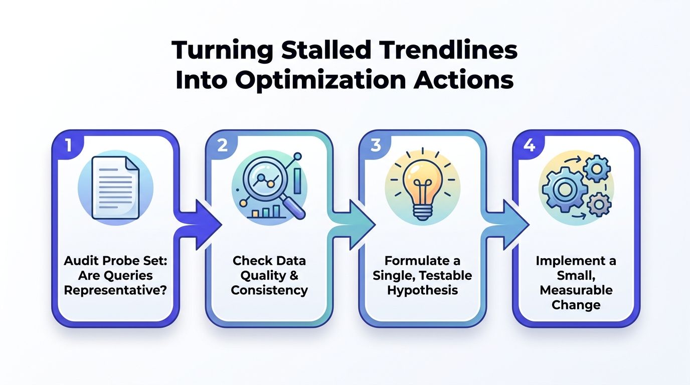 A four-step infographic illustrating a process to turn stalled trendlines into actionable optimization strategies for business.