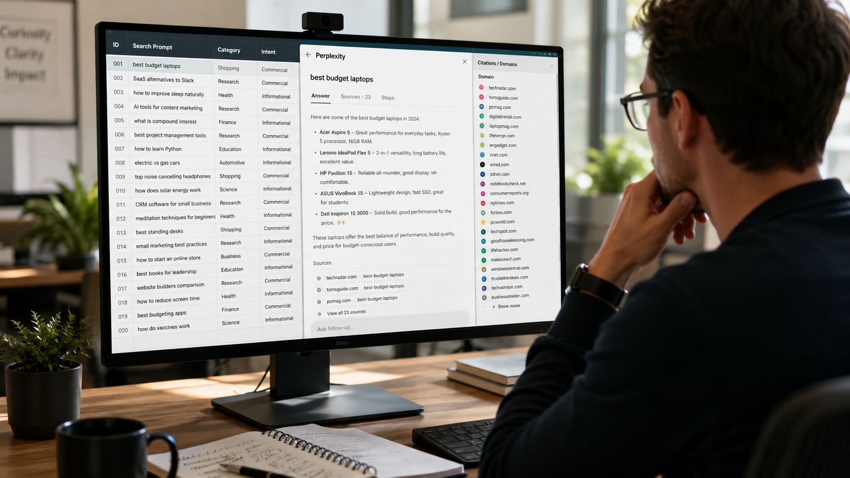 A person viewing Perplexity AI search results for budget laptops on a computer screen in a home office.