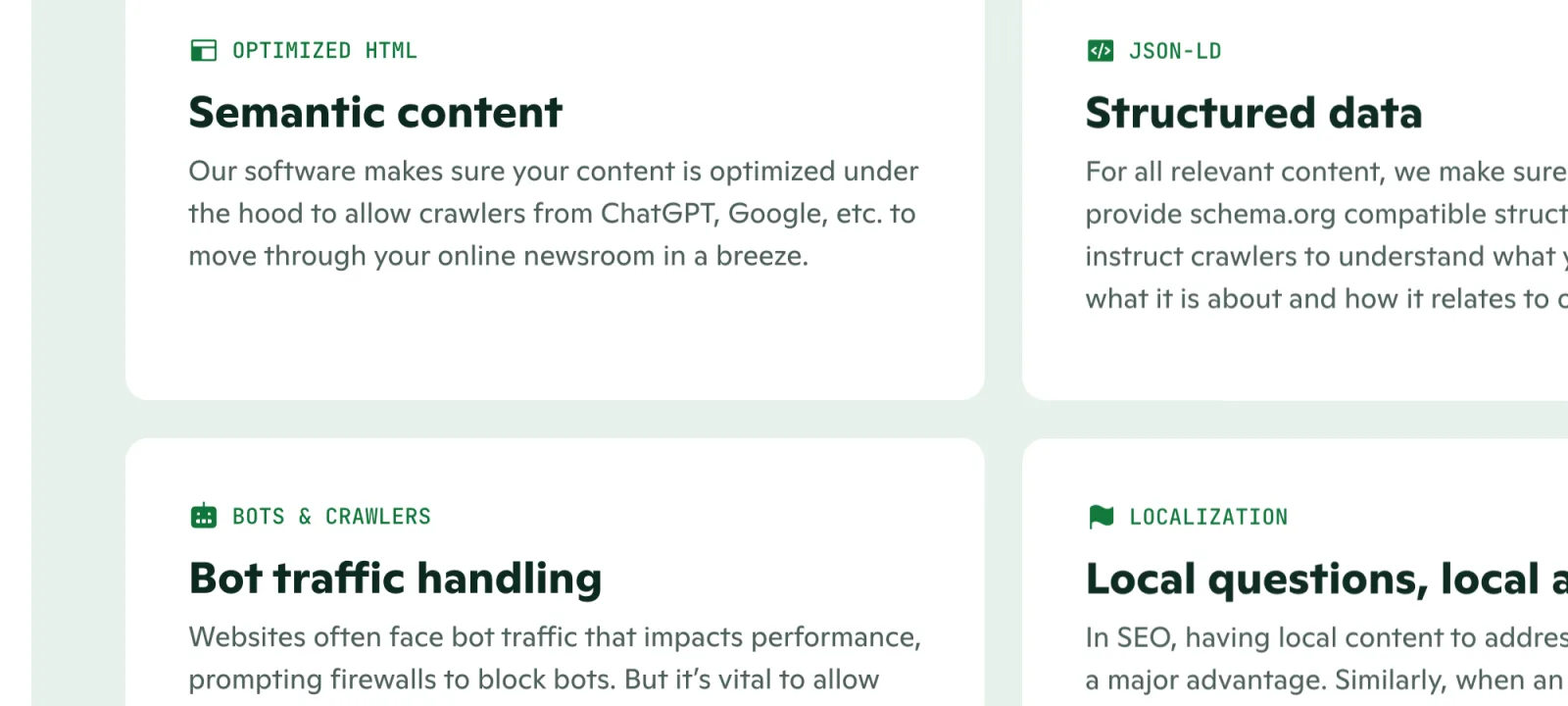 PR.co's own feature grid showing semantic content, structured data, bot handling, and localization