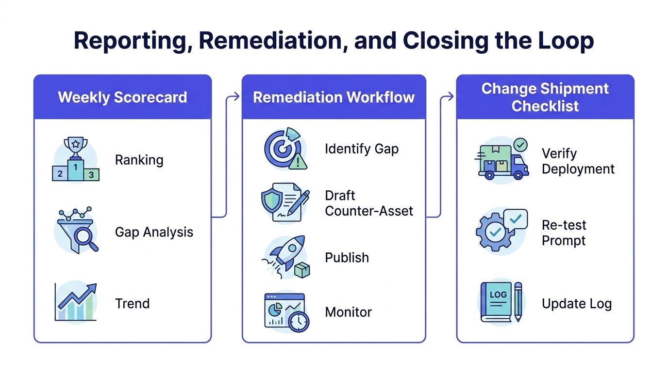 A process diagram showing weekly scorecard, remediation workflow, and change shipment checklist for tracking AI visibility performance.