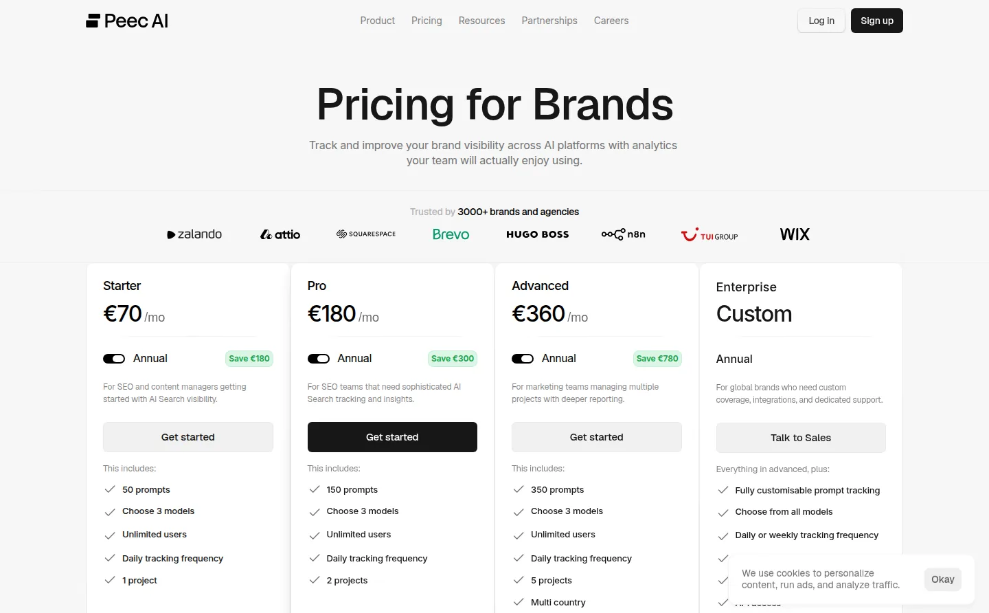 Peec AI pricing page showing Starter, Pro, Advanced and Enterprise plans