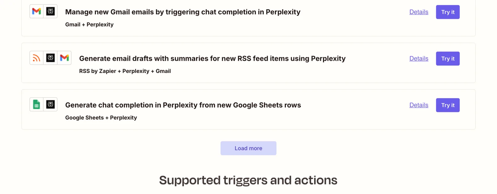 Zapier's Perplexity integration page showing generic pre-built Zap templates