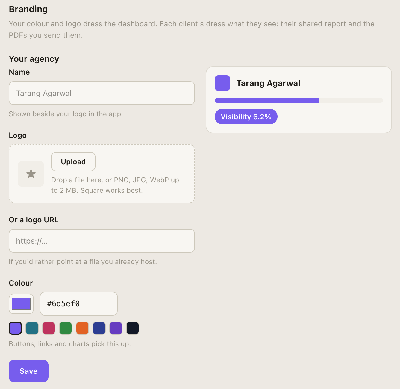 Settings, Branding: your agency's name, a logo upload or logo URL, and the accent colour, with a live preview of how the dashboard picks them up