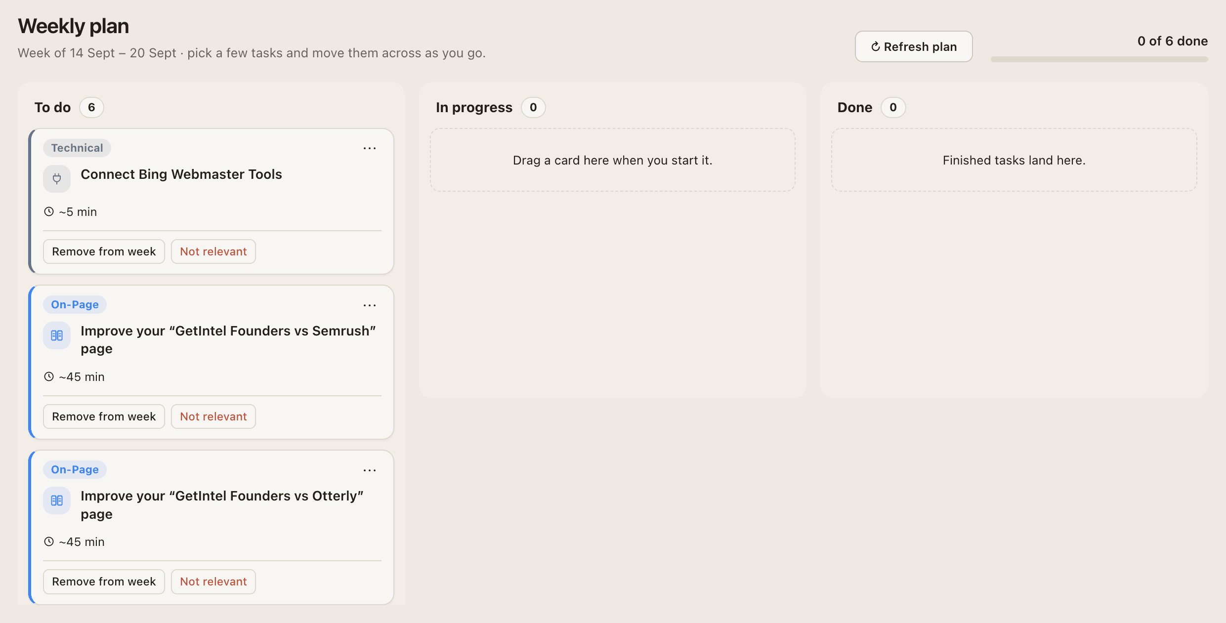 The Weekly plan board: this week's tasks from each layer, with To do, In progress and Done columns