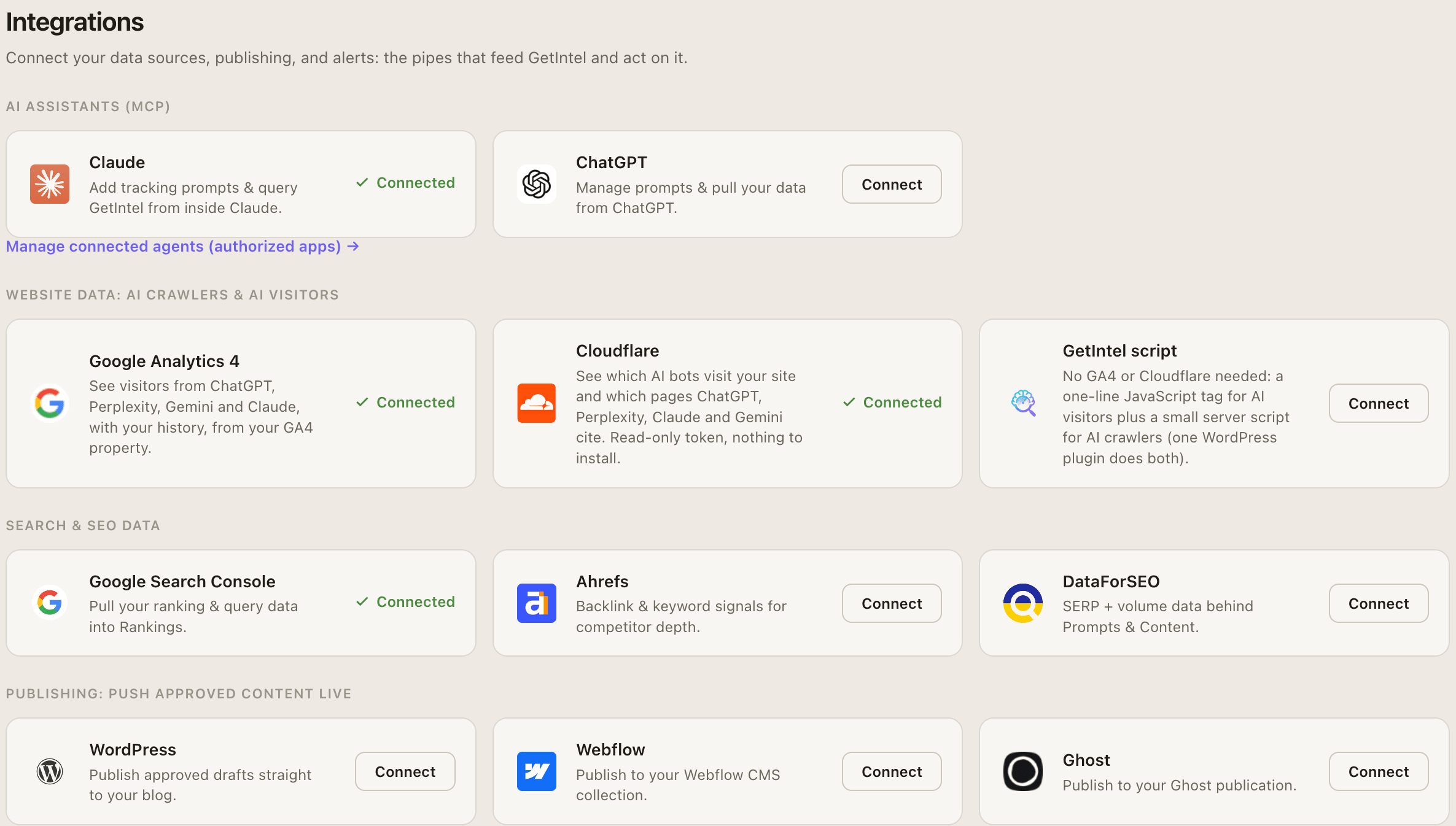 GetIntel integrations: AI assistants over MCP, website data from GA4 and Cloudflare, search and SEO sources, and the WordPress and Ghost channels an approved fix publishes straight through