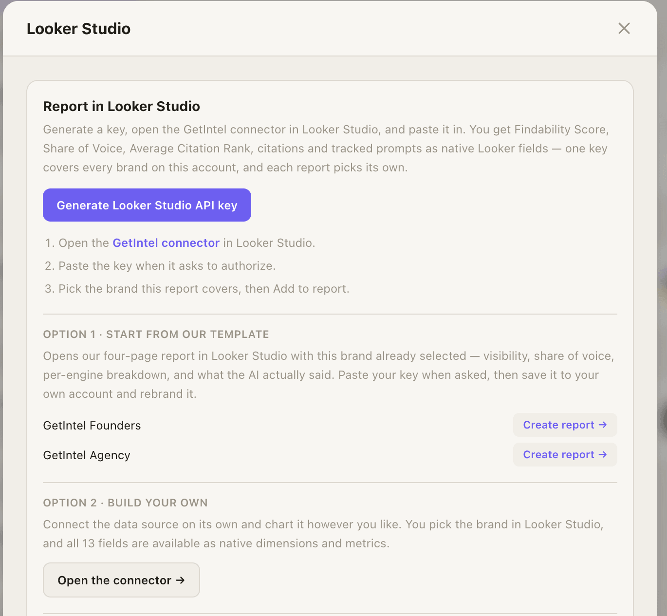 GetIntel Looker Studio setup: one API key covering every brand on the account, each with a one-click four-page report, or connect the data source directly