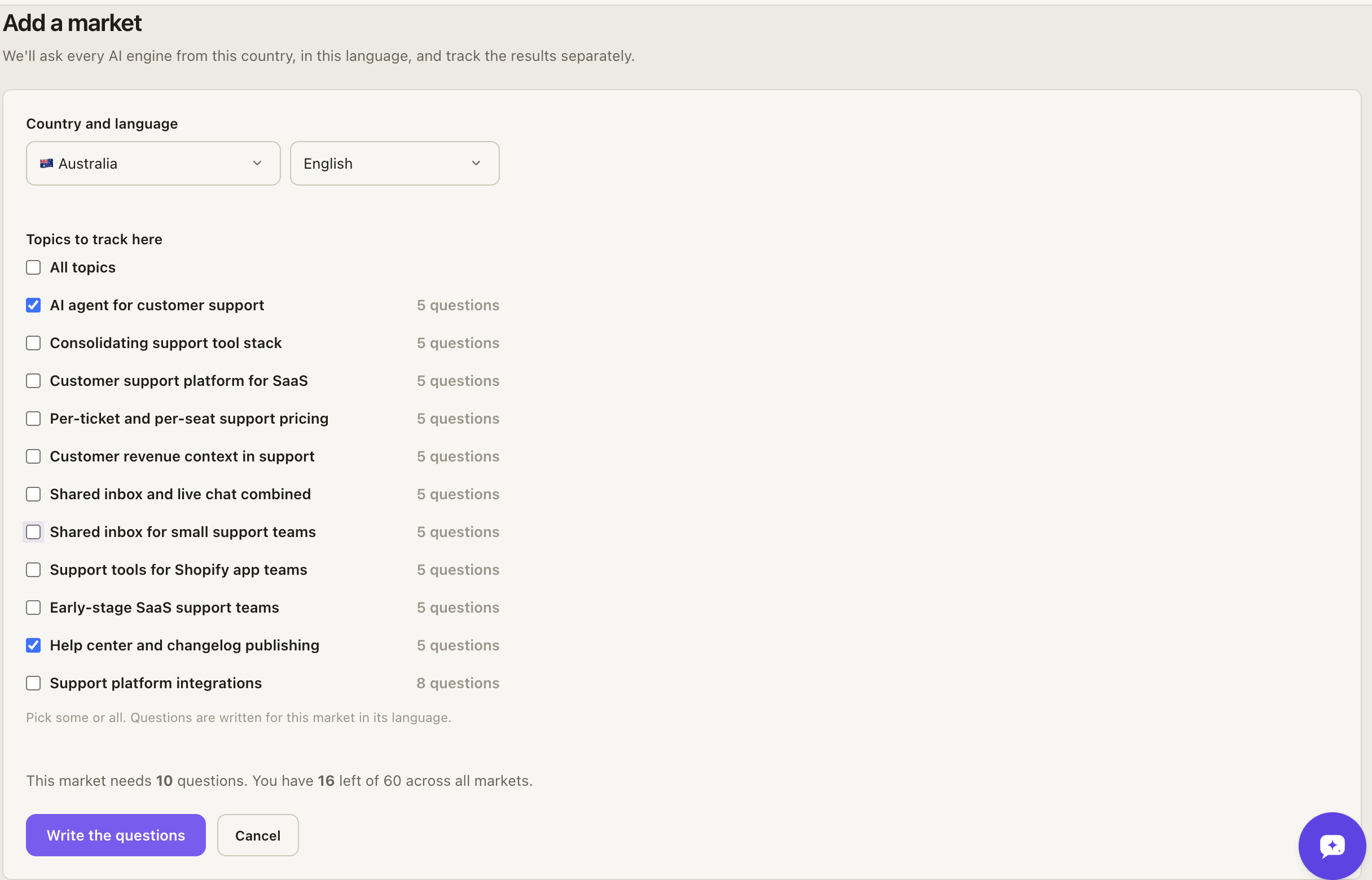 Adding a market in GetIntel: country and language, the topics to track there, and how many questions it uses of the plan's limit