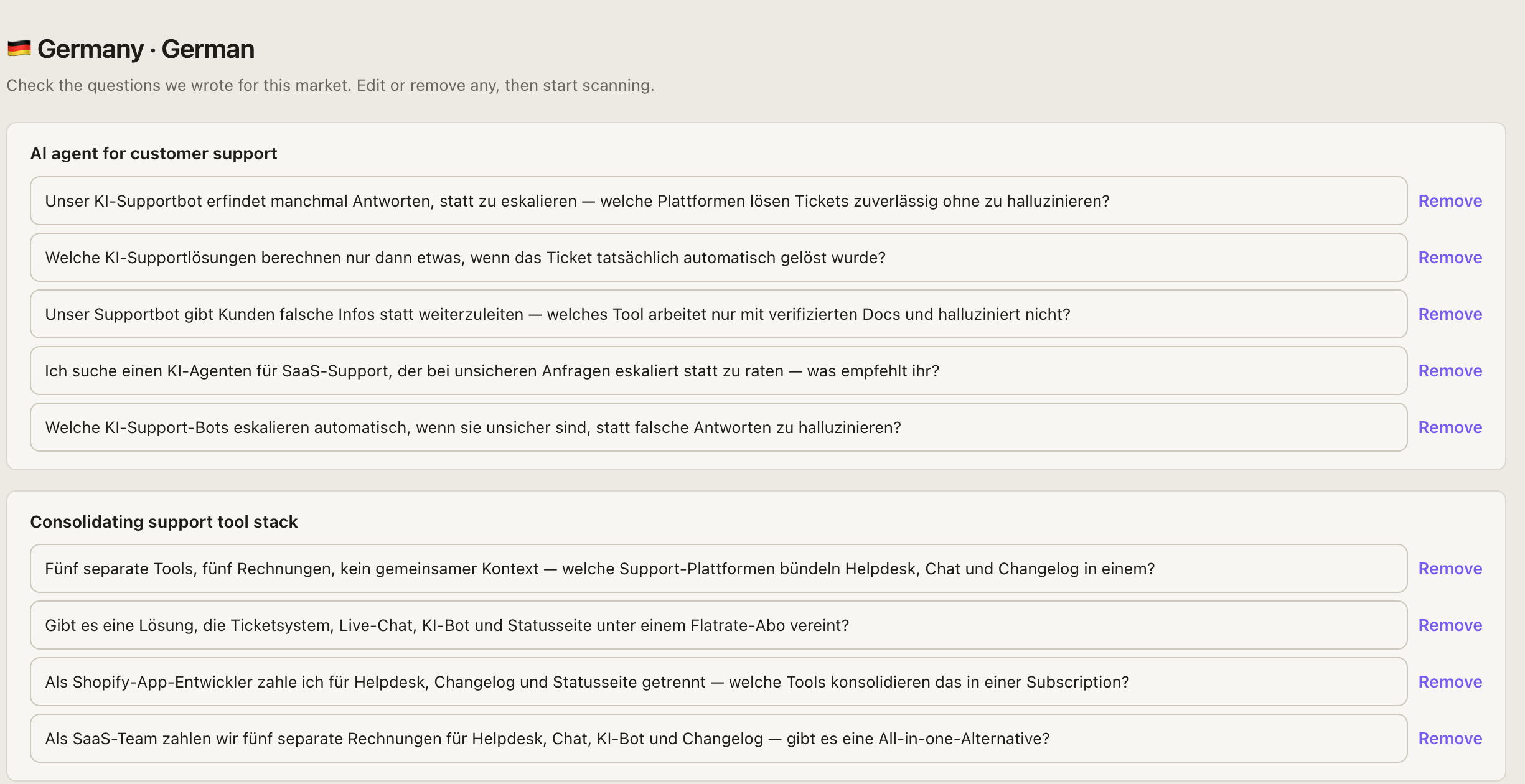 GetIntel buyer questions written in German for a Germany market, grouped by topic, ready to review before scanning