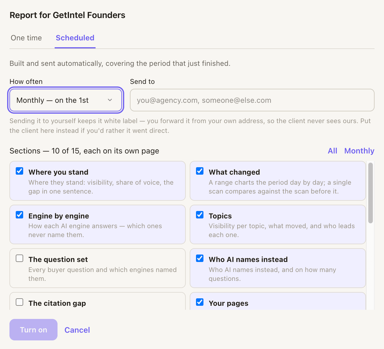 Scheduled client report settings: monthly on the 1st, sent to your own address to keep it white label, with the sections to include