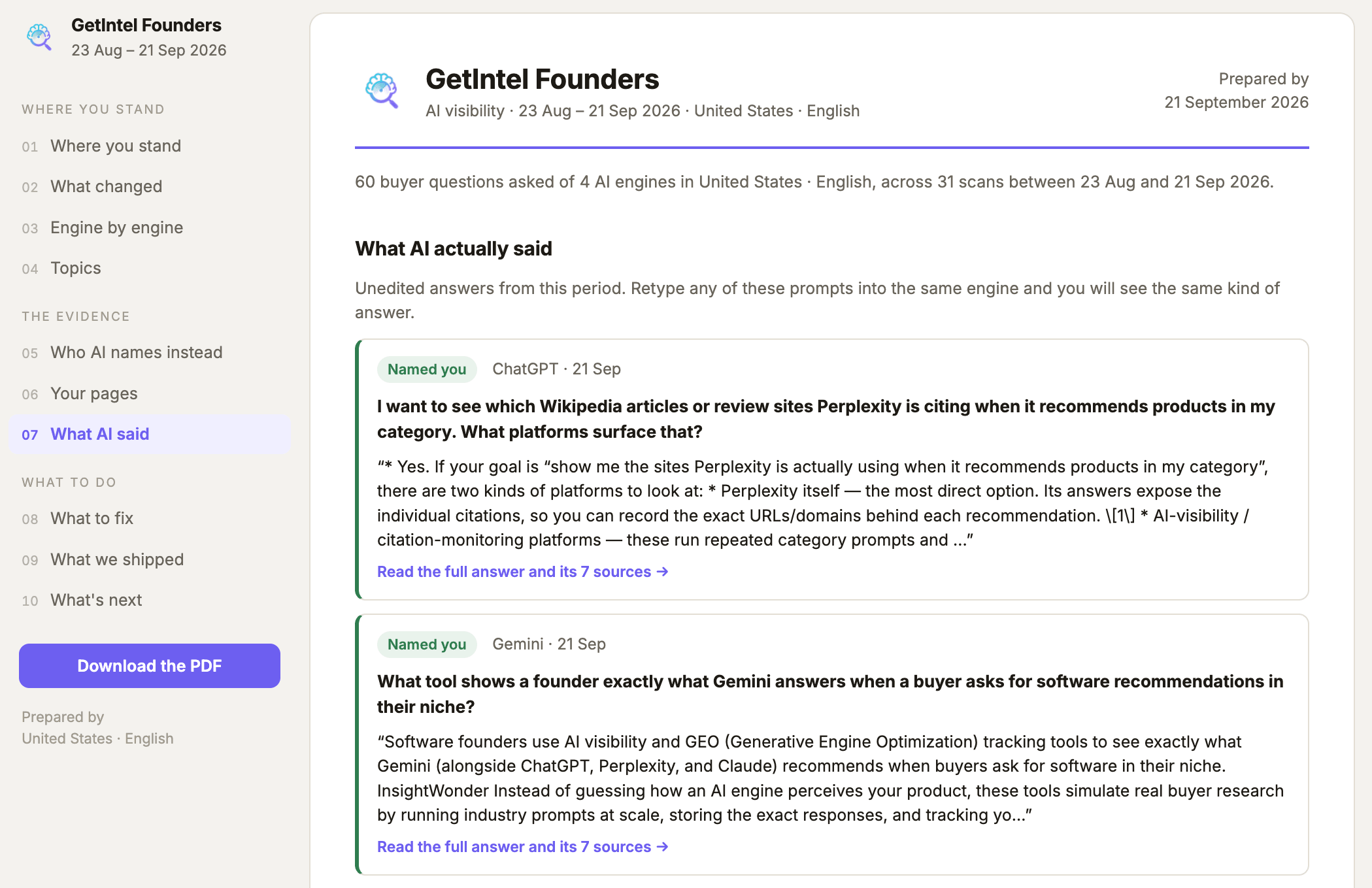 A client report opened from its private link with no login: a section menu and the AI answers quoted in full, each with its sources