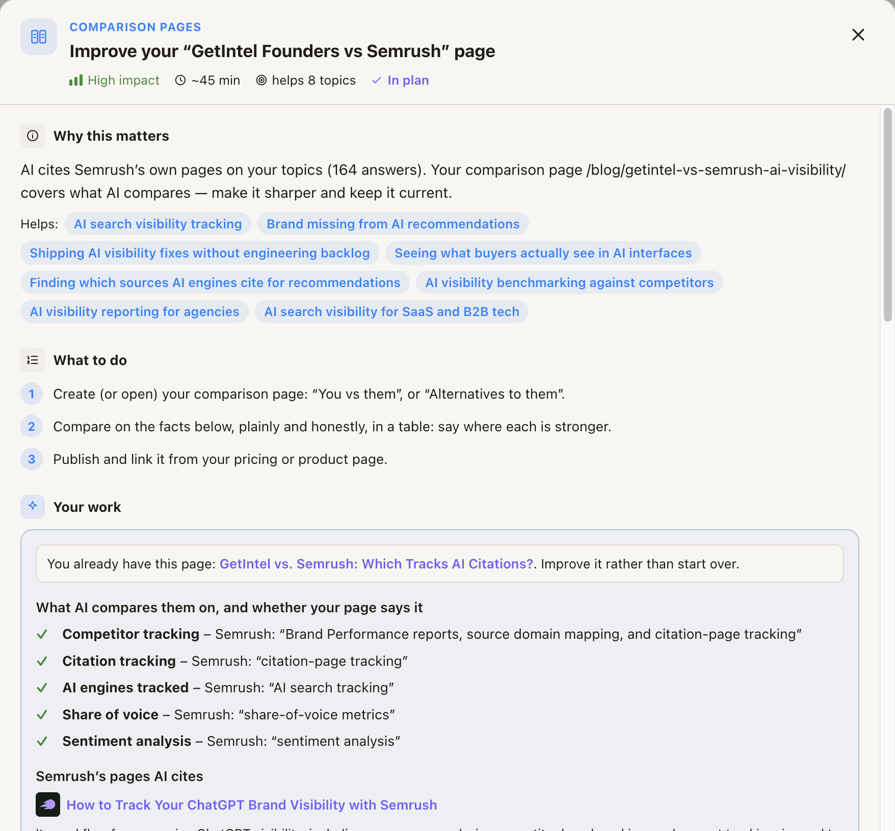 A GetIntel task opened: why it matters with the answer count behind it, the topics it helps, the steps to take, and the drafted comparison facts