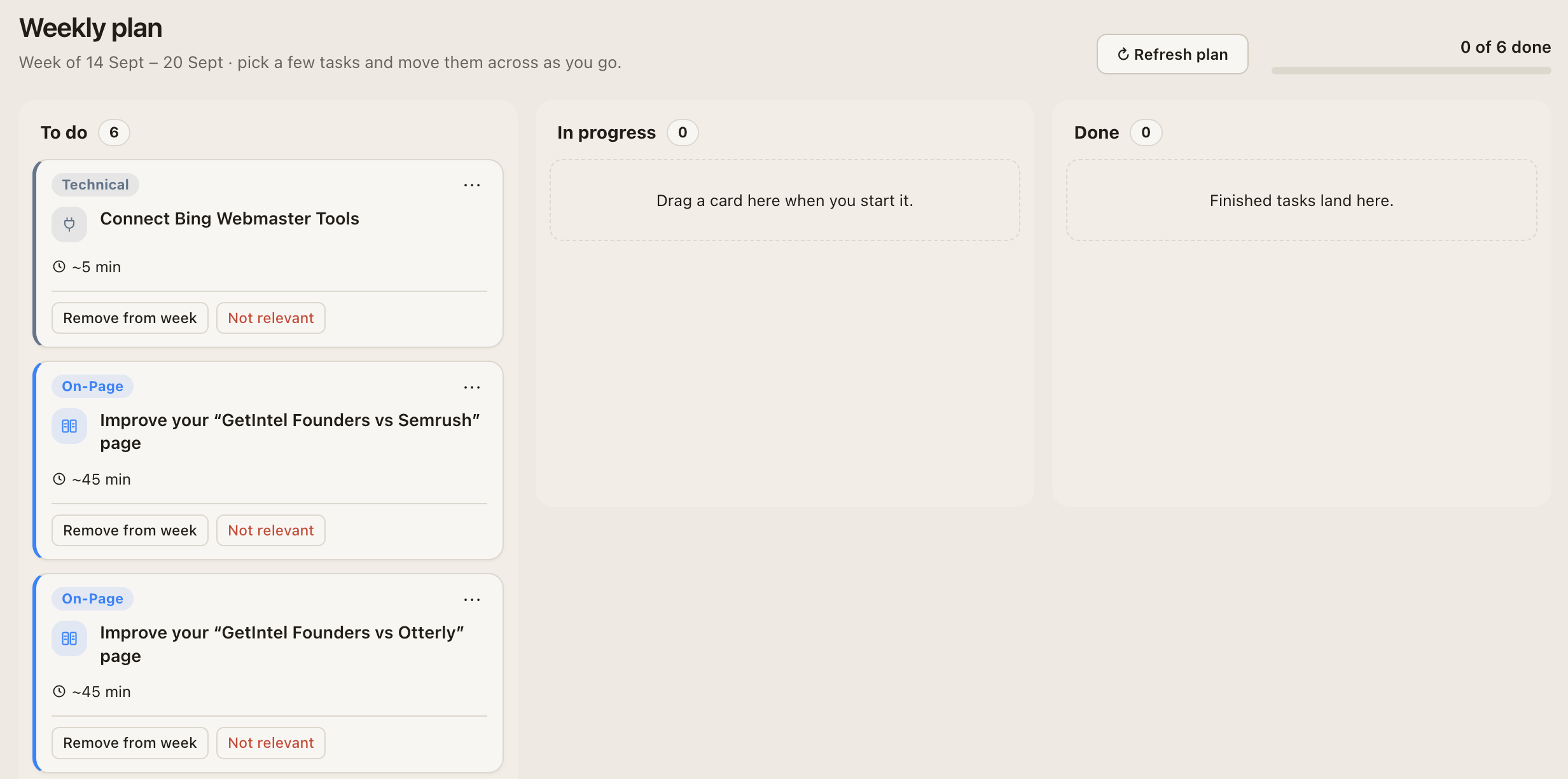 GetIntel weekly plan board: this week's tasks in To do, In progress and Done columns, pulled from the ranked task list